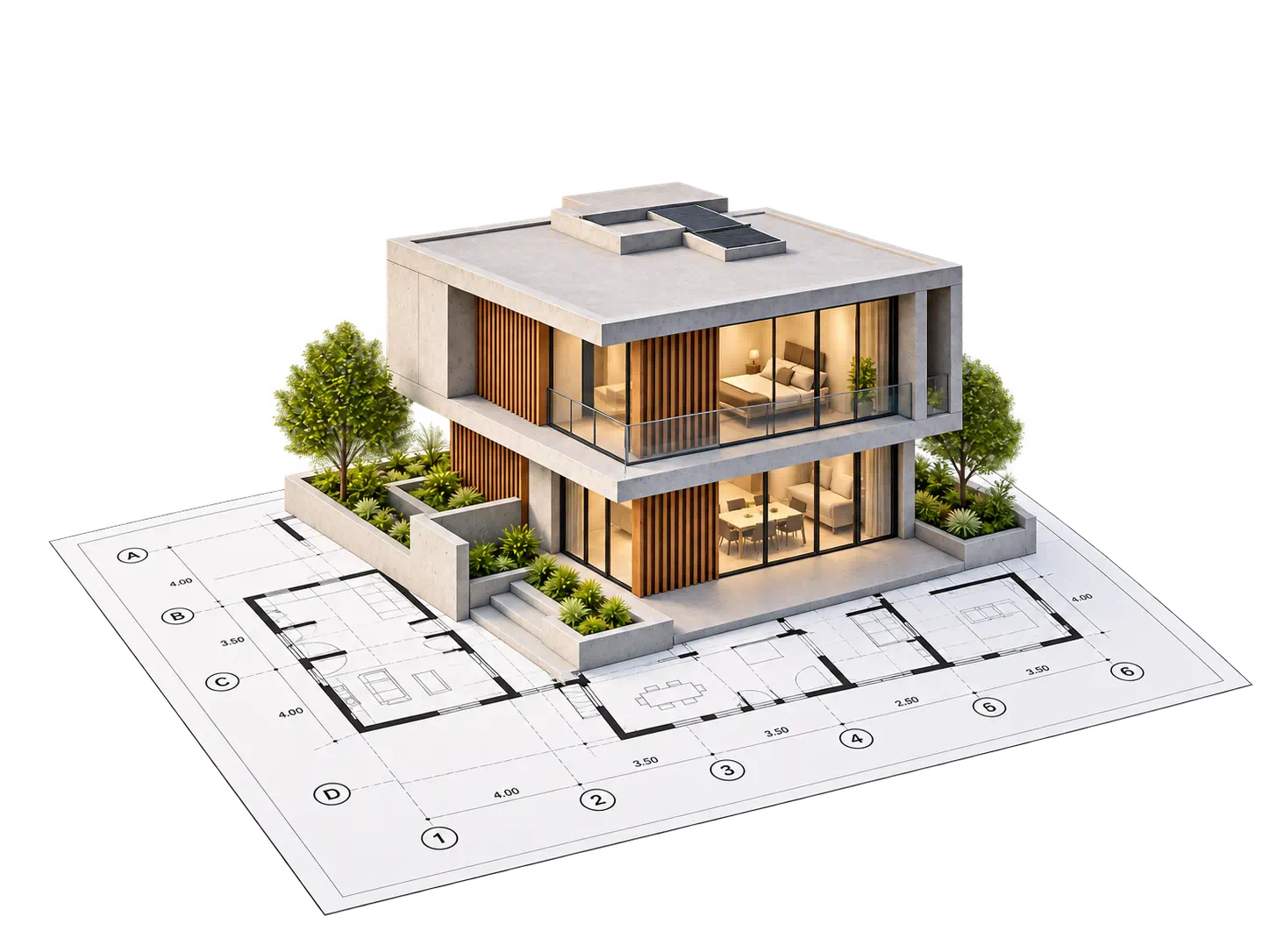 Representación de una vivienda en 3D sobre sus planos arquitectónicos