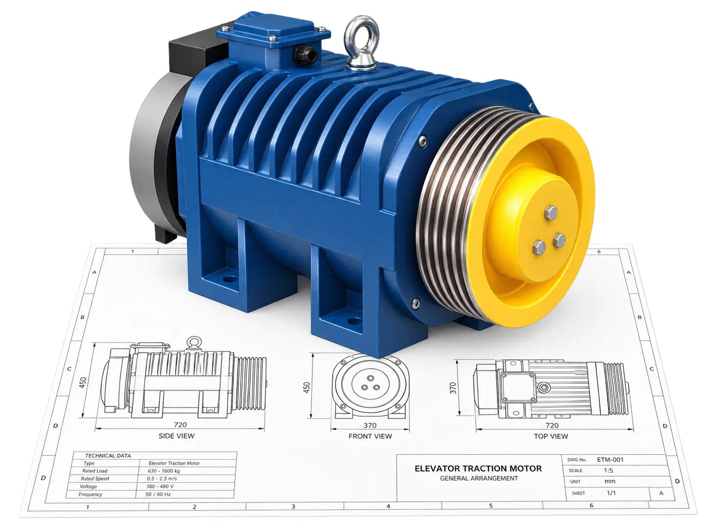 Modelo 3D de un motor de tracción azul y amarillo sobre sus planos de detalle